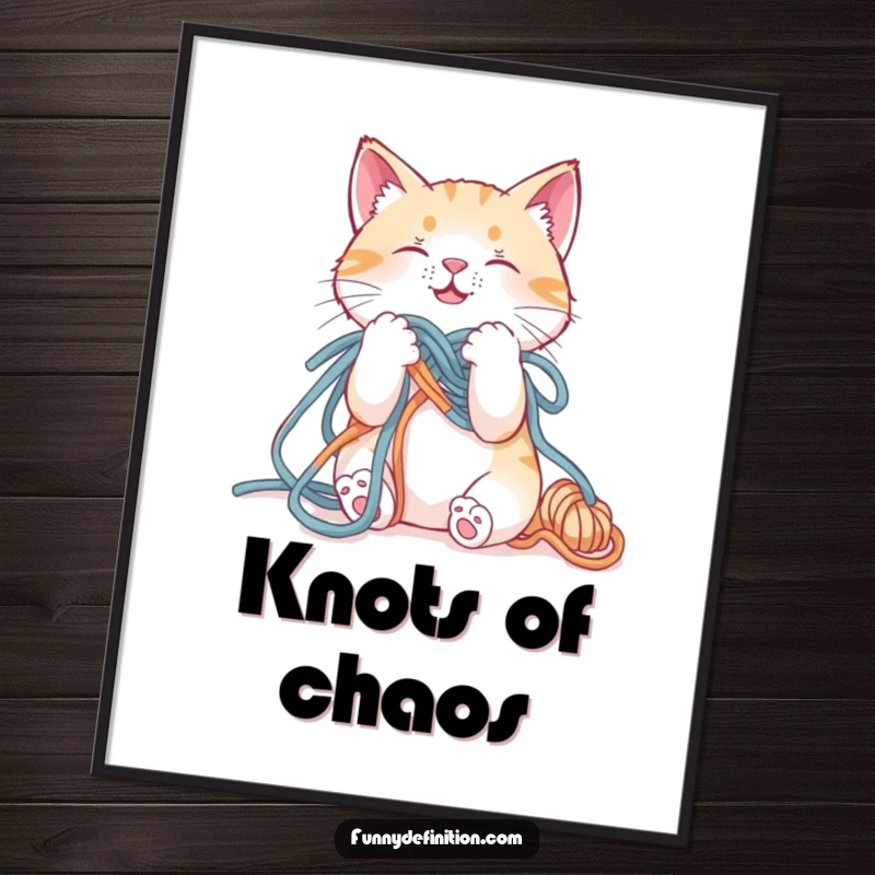 Funny digital art print of a cat hilariously tangled in yarn, a playful and humorous piece for wall decor.