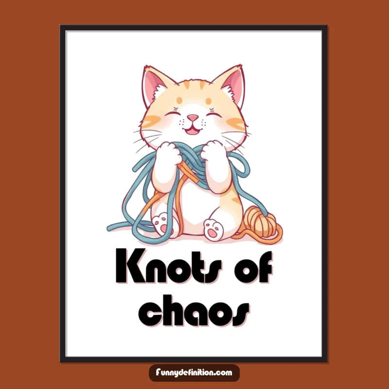 Funny Cat Yarn Tangled Digital Art - Hilarious Feline Chaos Wall Decor Print