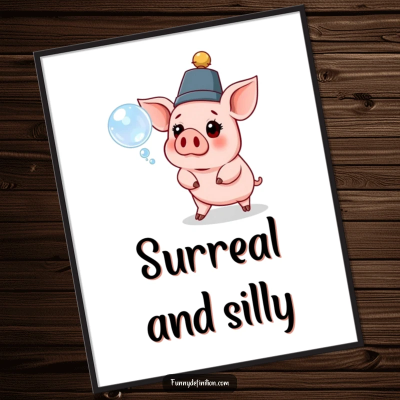 Funny pig digital art print of a pig wearing a ridiculous hat, looking surprised by a floating bubble, whimsical wall decor.