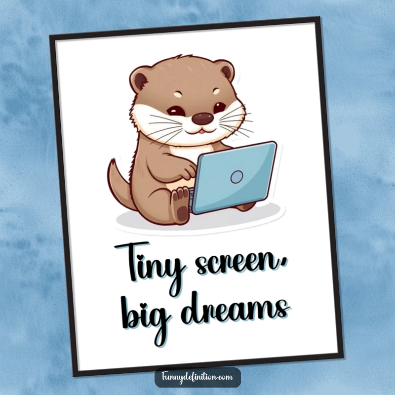 Funny otter typing rapidly on a miniature laptop, high-resolution digital art print, vibrant and humorous for instant wall decor, funny gift print.