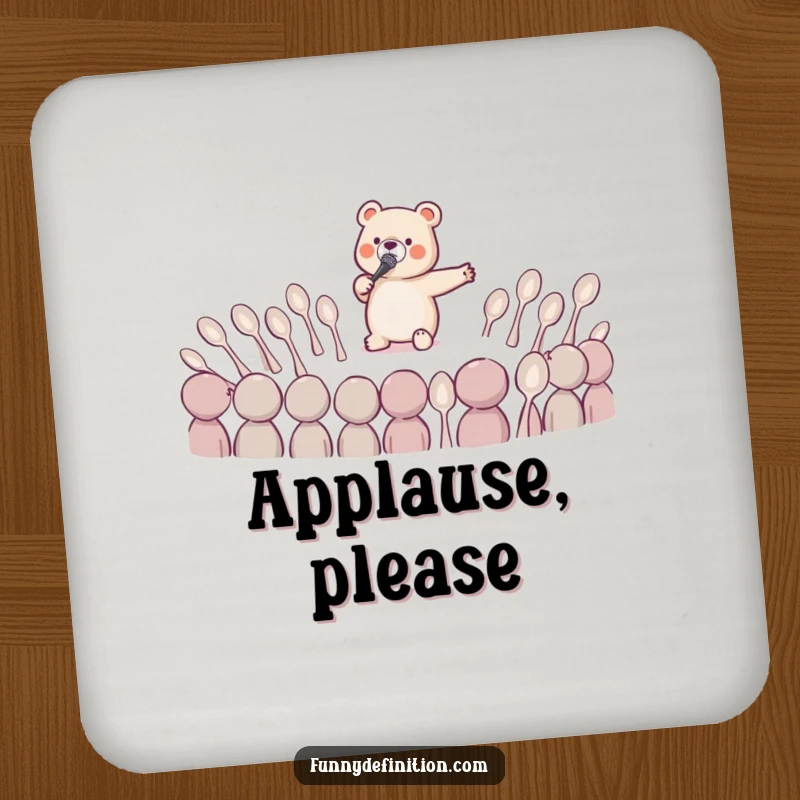Set of funny drink coasters featuring a tiny bear singing opera to bewildered spoons, offering humorous surface protection.