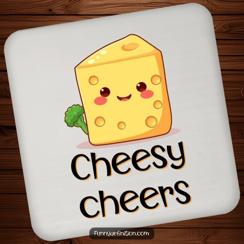 Funny drink coaster showing a shy broccoli floret peeking out from behind a giant, smiling cheese wedge, a humorous and charming accessory.