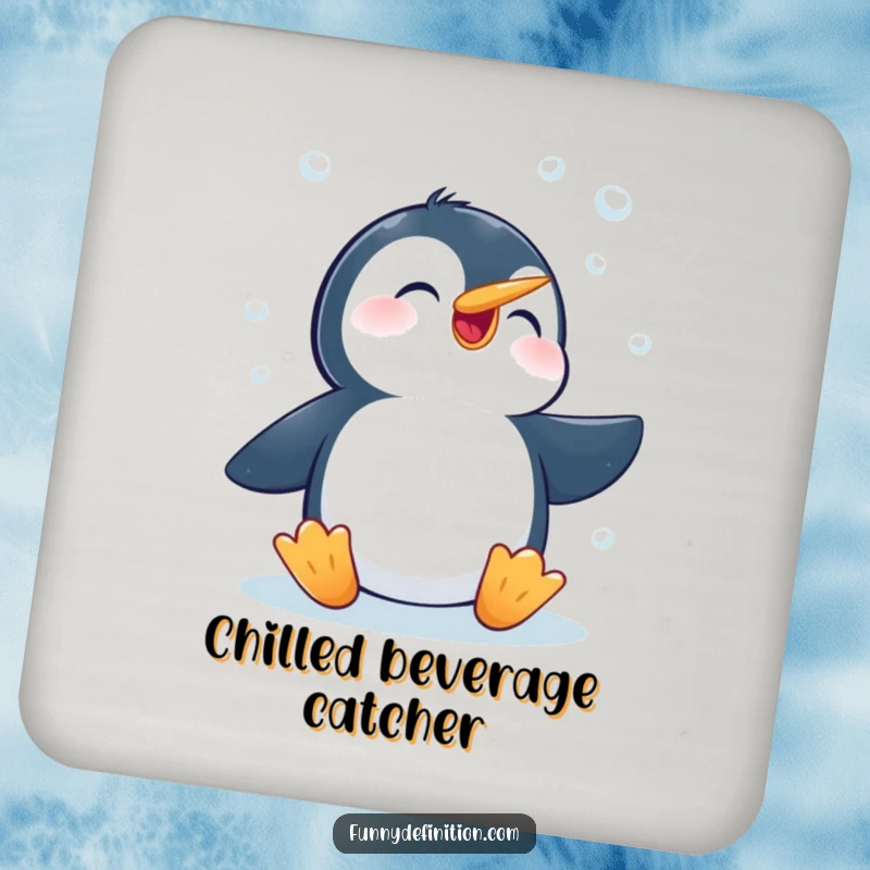 Funny drink coaster with a penguin enthusiastically trying to catch falling snowflakes with its beak, protecting surfaces with humor.