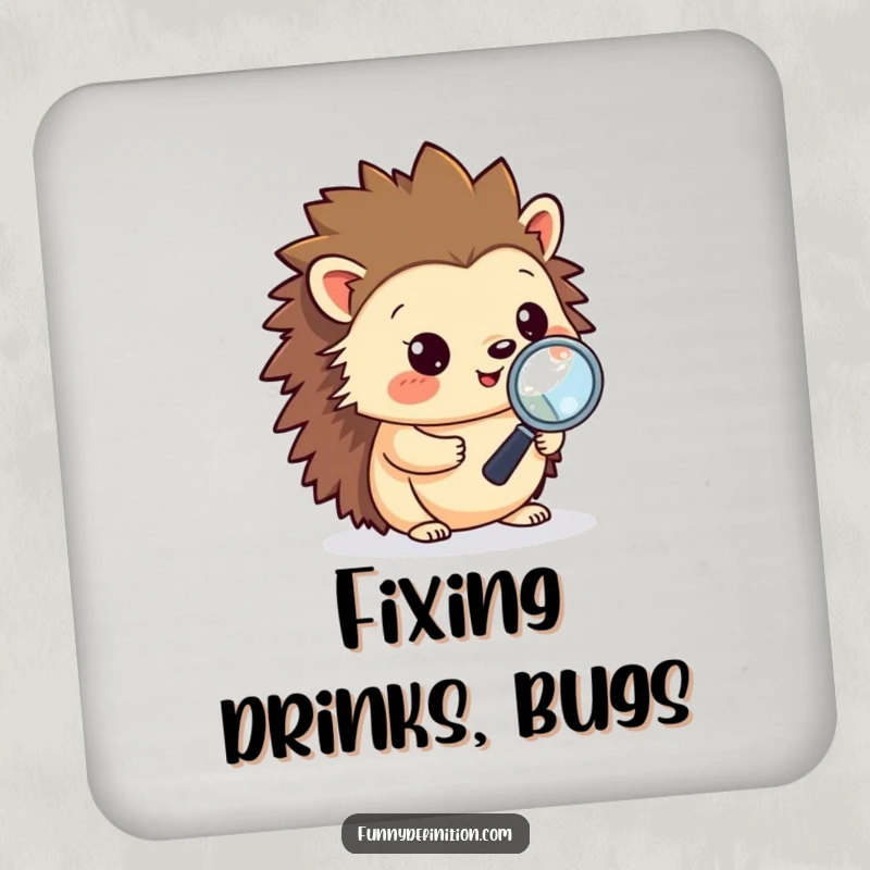 Funny drink coaster displaying a hedgehog inspecting code with a magnifying glass, a nerdy accessory for protecting furniture.