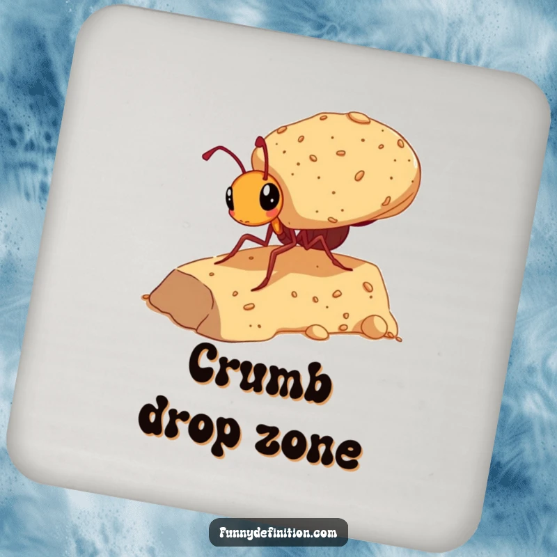 Funny drink coaster showcasing a determined ant carrying a massive crumb, adding humor to beverage protection.