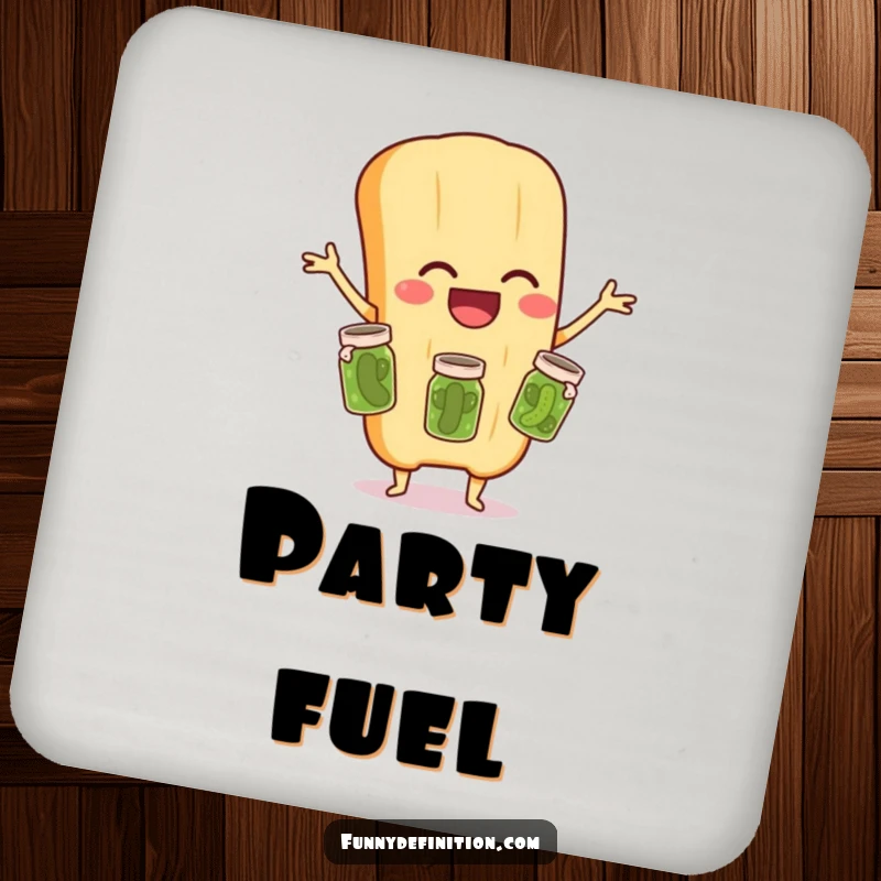 Funny drink coaster featuring a laughing baguette juggling three small pickle jars, adding a comedic flair to your table.