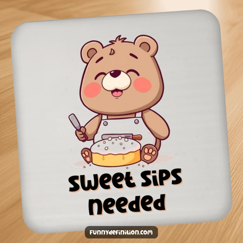Funny drink coaster featuring a clumsy bear wearing an apron, covered in flour while baking a cake.