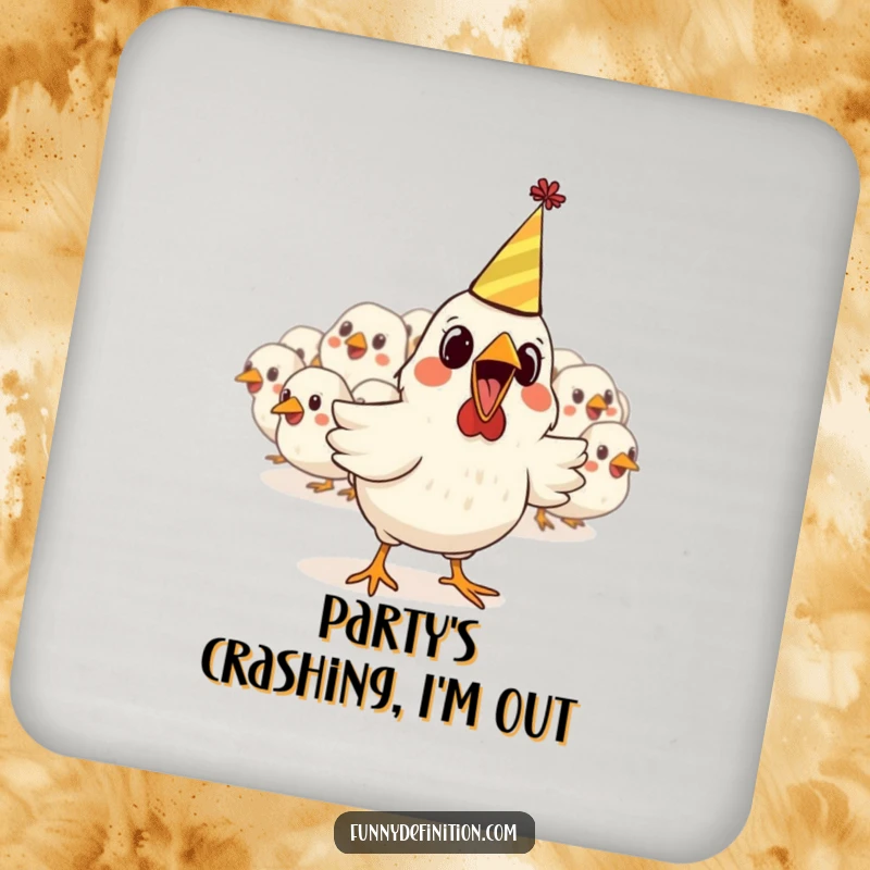 Funny drink coasters showcasing a startled chicken in a party hat escaping a flock, adding a splash of humor and personality to tabletops.