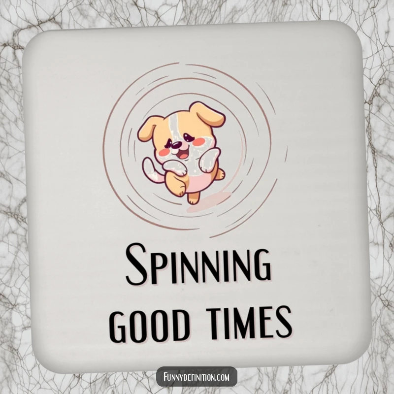 Funny drink coasters showcasing a bewildered dog in a dizzying spiral chasing its tail, adding a splash of humor and personality to tabletops.