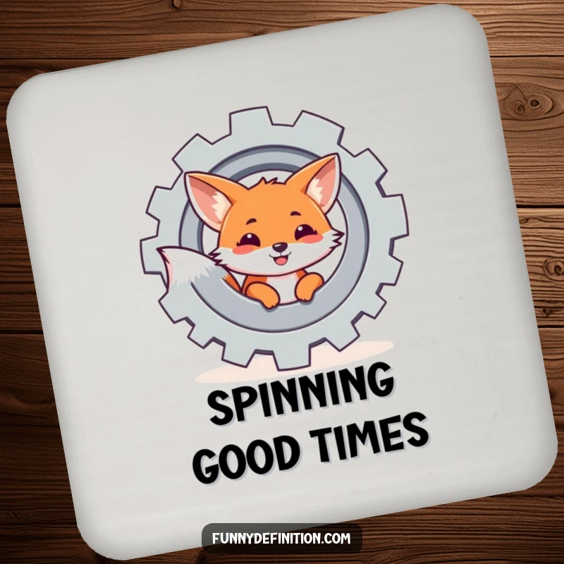 Funny drink coaster displaying a fox peeking from behind a spinning gear, a clever accessory for protecting furniture.