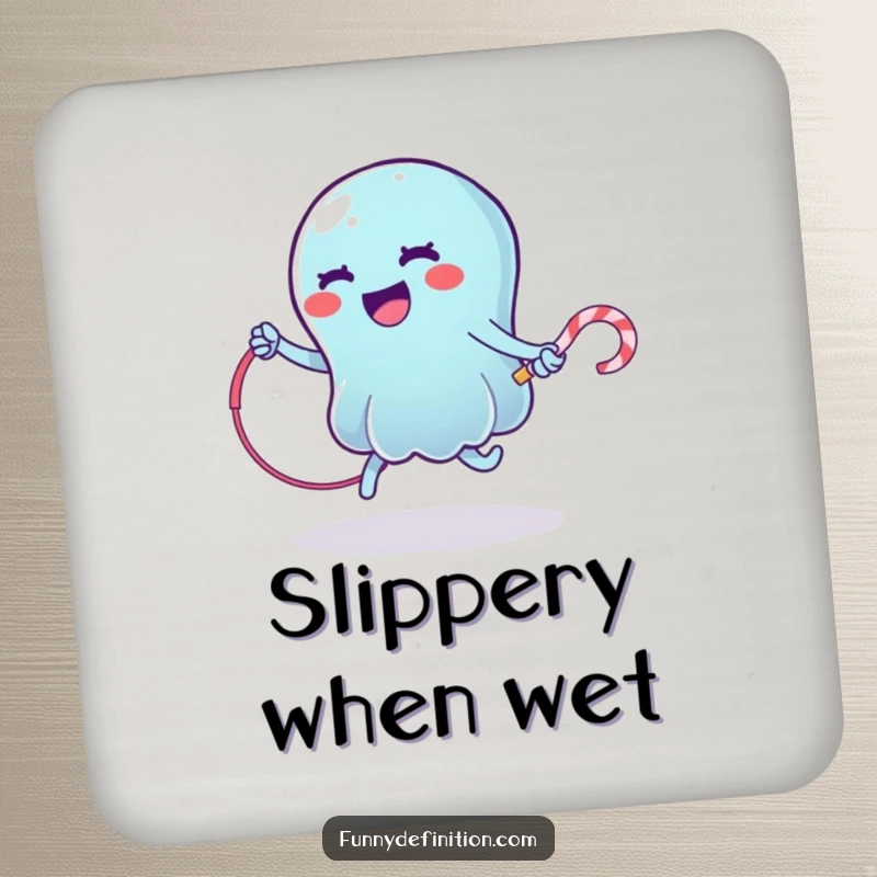 Funny drink coasters with a wobbly jelly character jump roping, protecting surfaces with sweet and humorous charm.