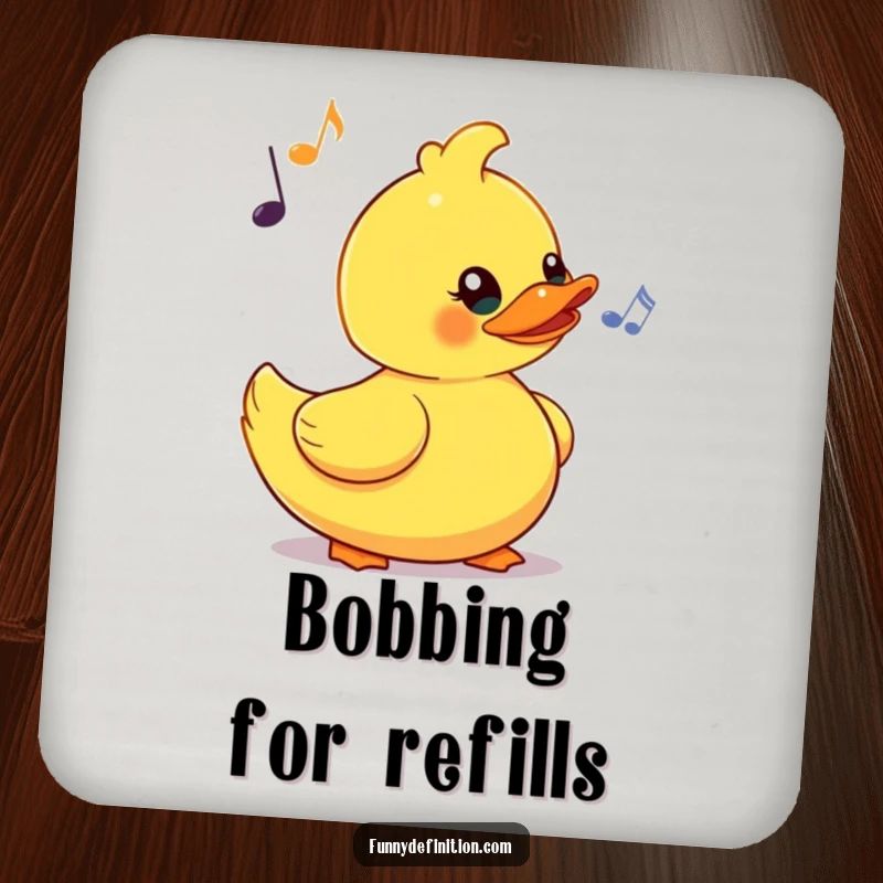 Funny drink coasters showing a yellow rubber duck comically bobbing its head to an imaginary beat, protecting surfaces with rhythmic charm.