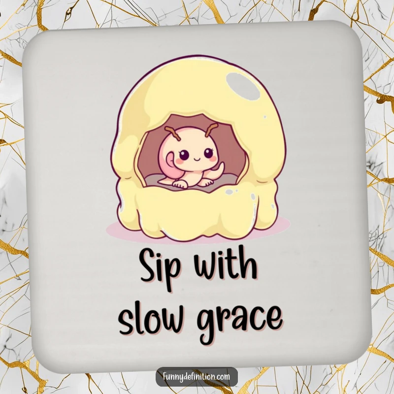 Funny shy snail peeking from a giant, unstable jelly mold on a protective drink coaster.