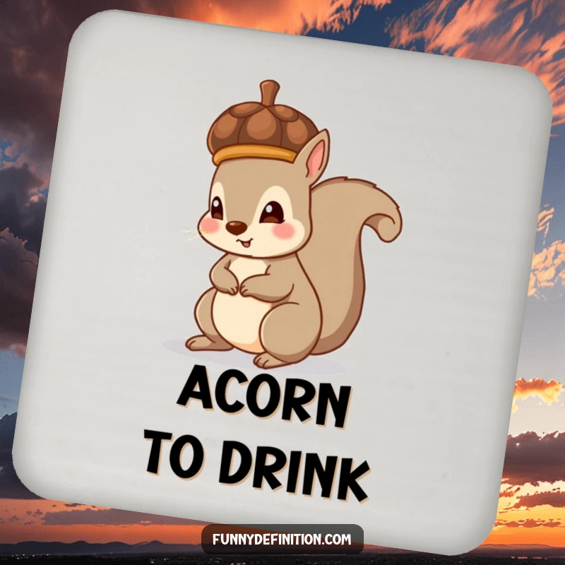 Funny drink coaster with a squirrel accidentally wearing an acorn as a hat, offering protection with woodland humor.