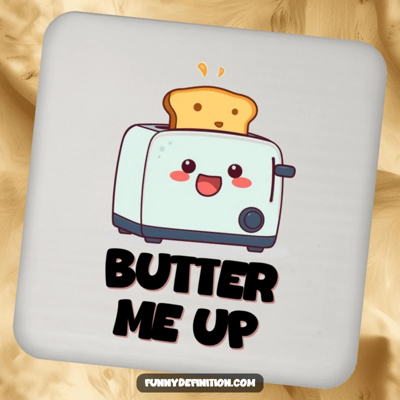 Funny drink coaster featuring a piece of toast popping out of a toaster in shock, providing humorous table protection.