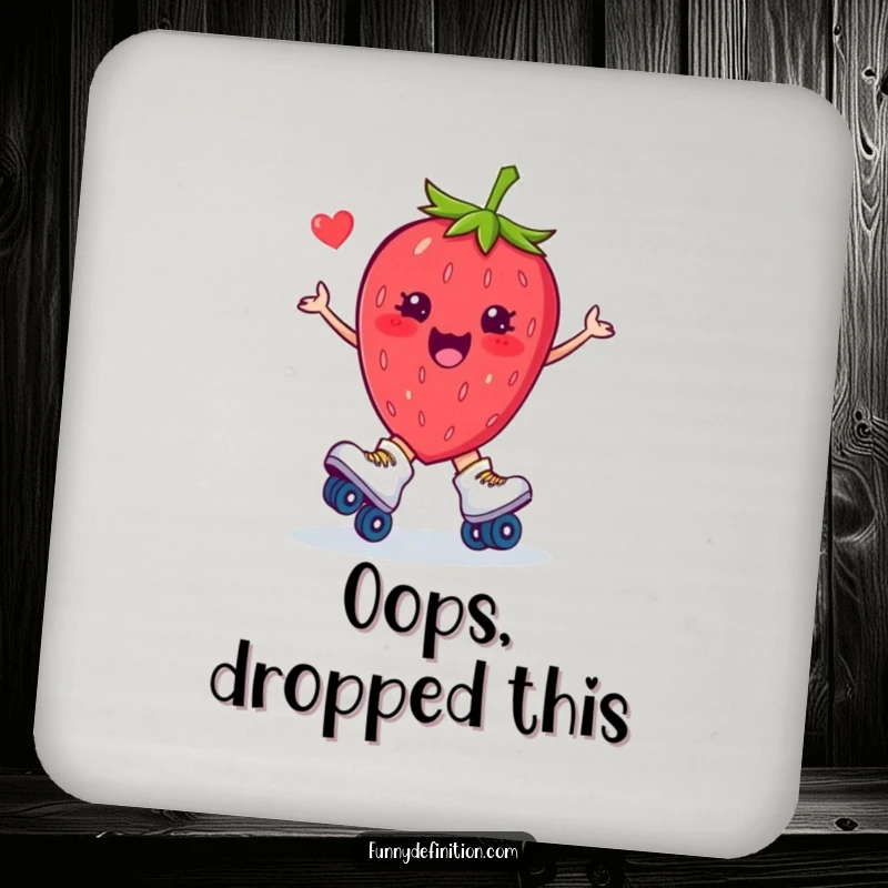 Funny drink coaster with a plump strawberry on roller skates, depicted in a humorous tripping pose, protecting surfaces with style.