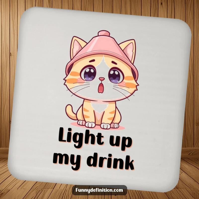 Funny surprised cat wearing a lampshade hat on a drink coaster, protecting surfaces with comedic charm.
