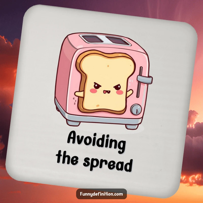 Funny drink coasters with sentient toast escaping a toaster, determined, protecting surfaces from drinks with humor.
