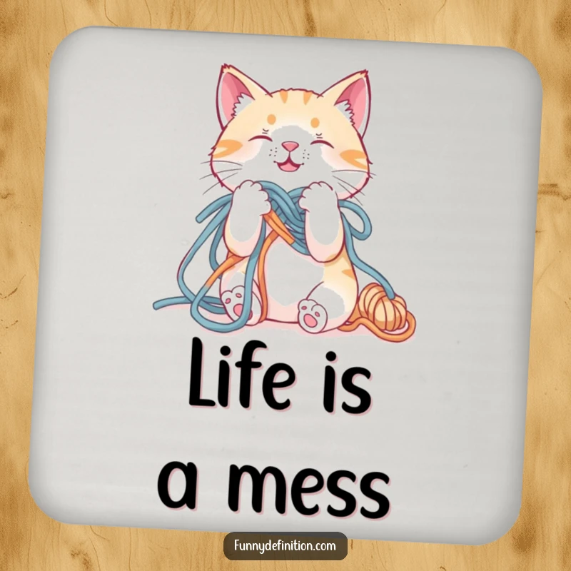 Funny drink coaster with a cat comically tangled in yarn, offering protection with a dose of feline amusement.