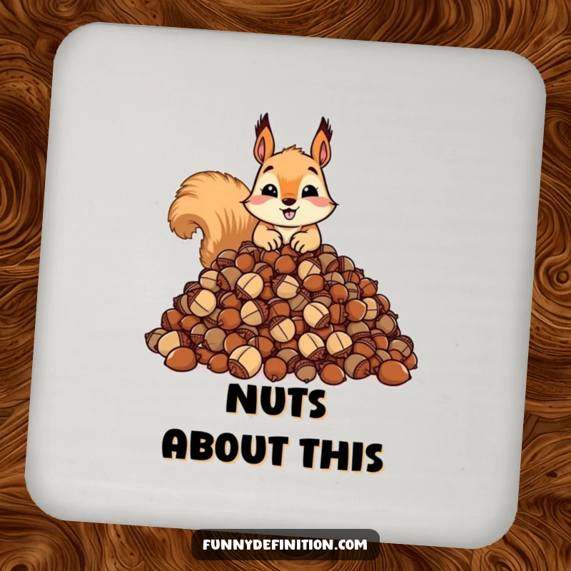 Funny coaster with a squirrel hoarding a huge pile of acorns. Protects surfaces with a humorous design.