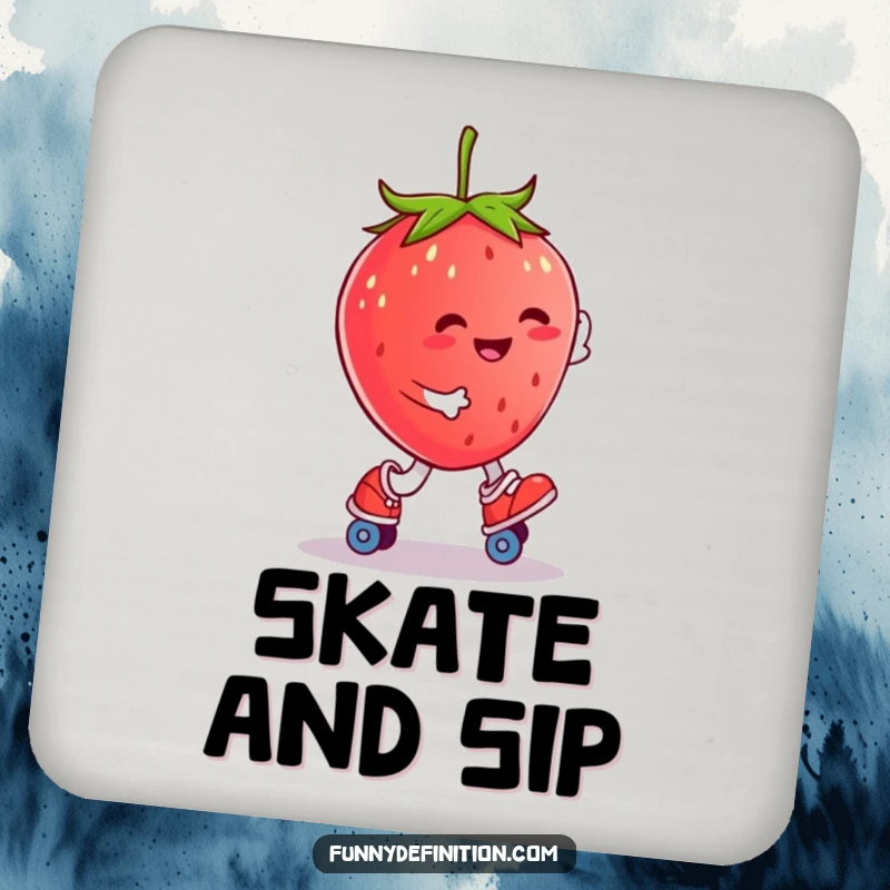 Funny smiling strawberry character roller skating on a protective drink coaster.
