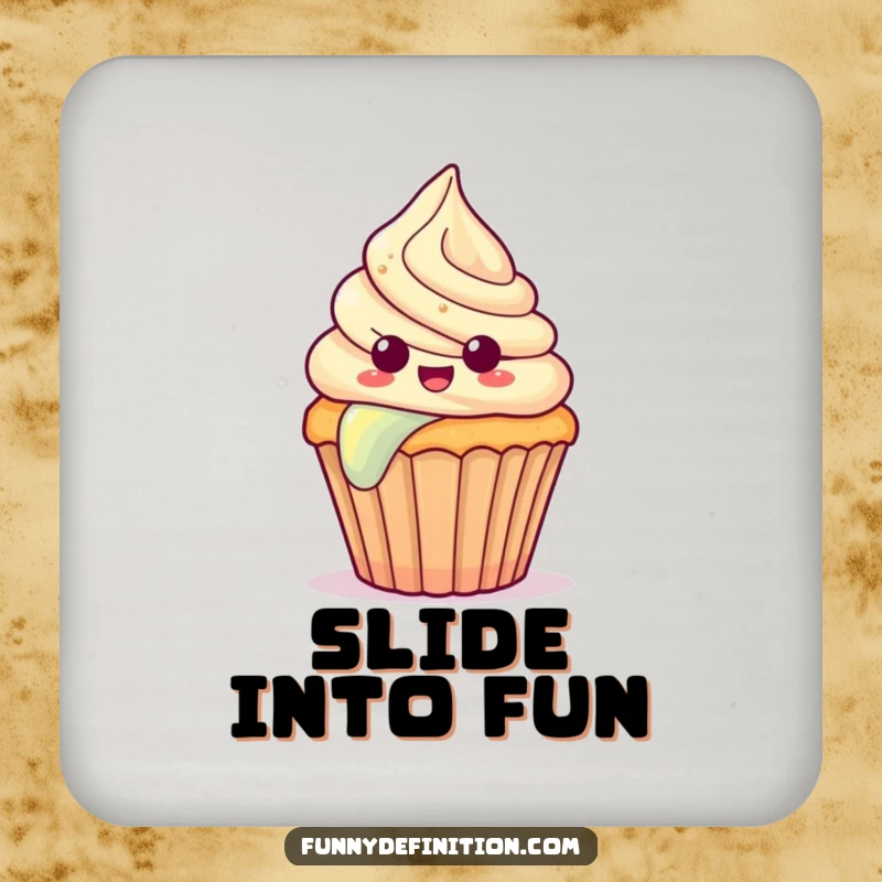 Funny drink coaster with a surprised cupcake with frosting sliding down a rainbow, offering protection with sweet humor.