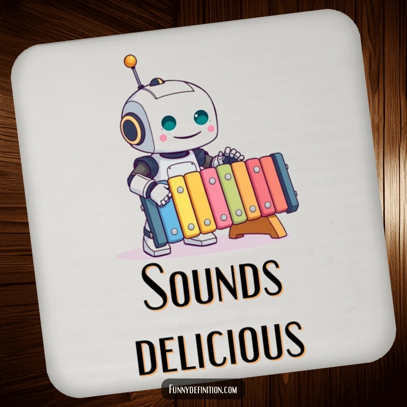 Funny Robot Coasters: A cheerful robot plays a vibrant xylophone, adding musical humor to your tabletop, perfect as a funny gift.