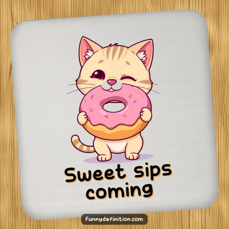 Funny Cat Coasters: A wobbly cat balances a donut on its nose, adding sweet humor to your tabletop, perfect as a funny gift.