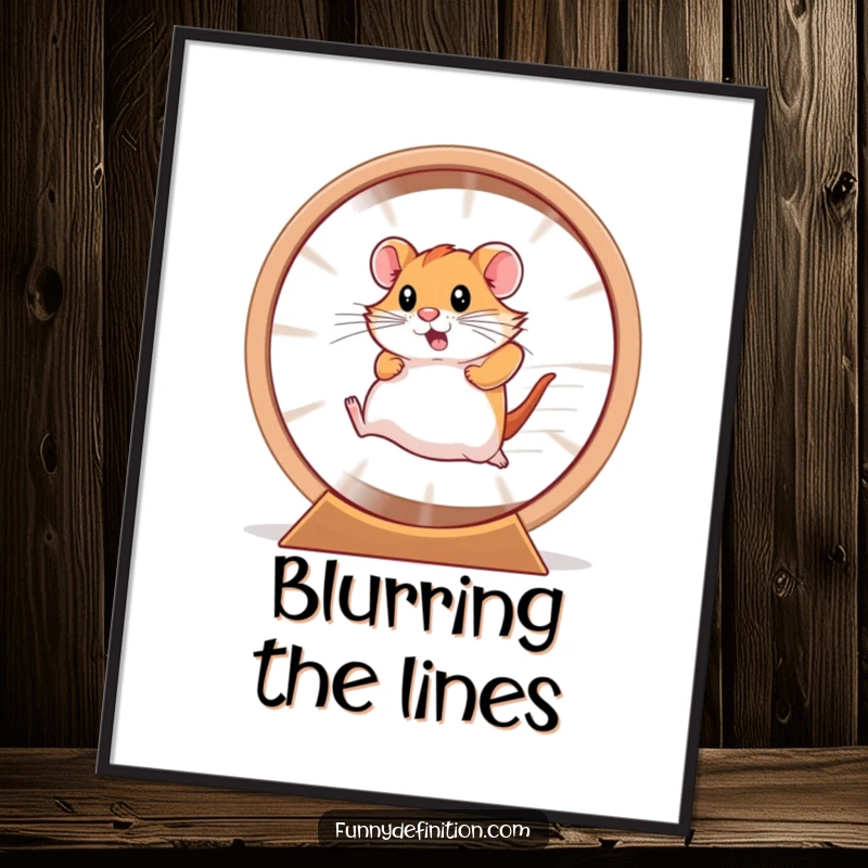Funny focused hamster as a blur, running intensely in a large hamster wheel on a motivational poster.