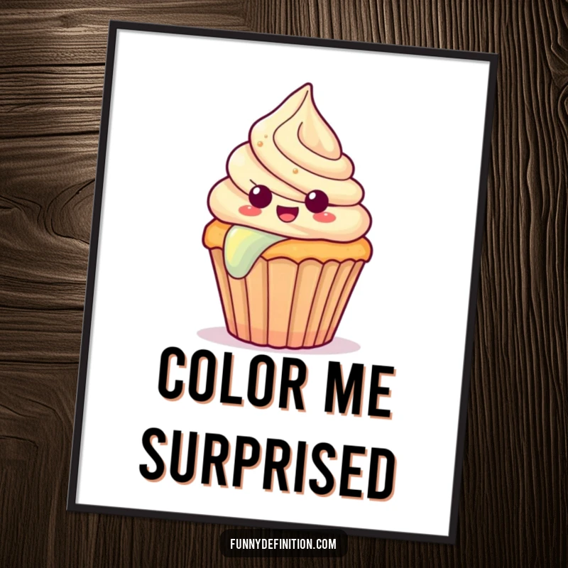 Funny poster of a surprised cupcake with frosting joyfully sliding down a bright rainbow, whimsical wall decor.