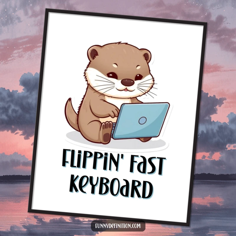 Funny otter typing at a miniature laptop, vibrant wall art for home or office, perfect for adding humor and charm, funny gift poster.