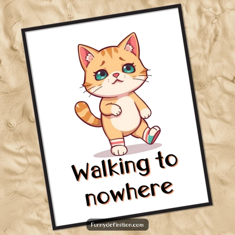 Funny poster depicting a confused cat comically attempting to walk in mismatched socks, bringing vibrant humor and adorable charm to decor.