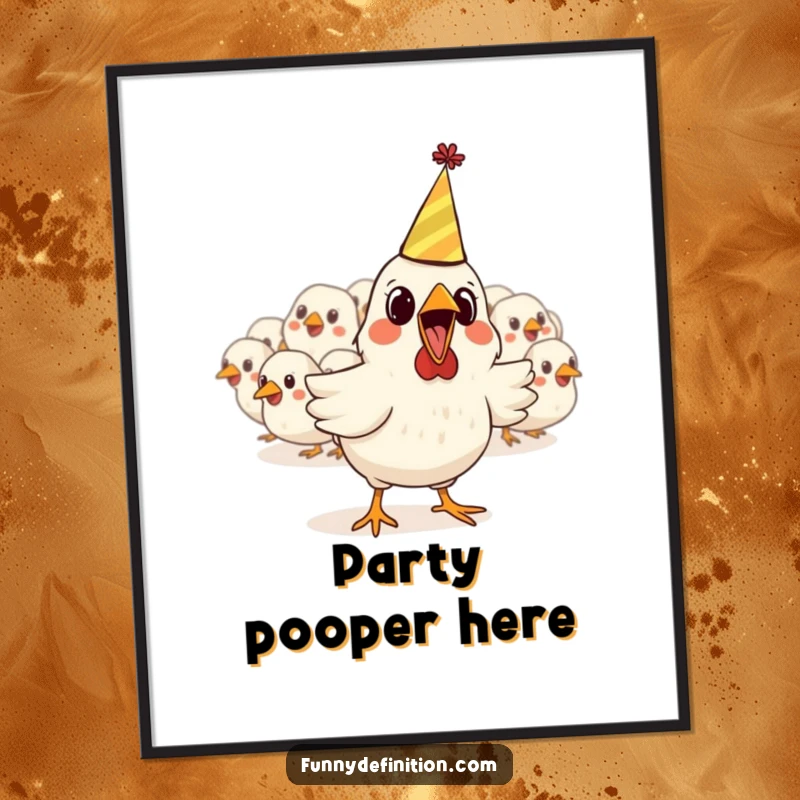 Funny poster depicting a startled chicken wearing a party hat making a comical escape from a group, bringing vibrant humor to decor.