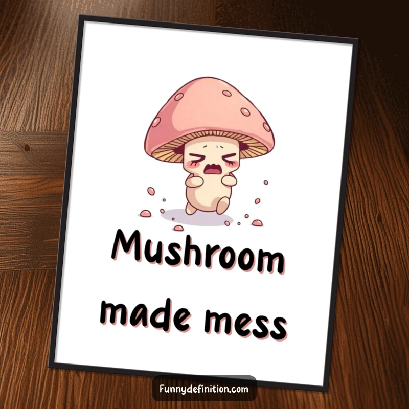 Funny poster art of a nervous mushroom character tripping over its cap, scattering spores.