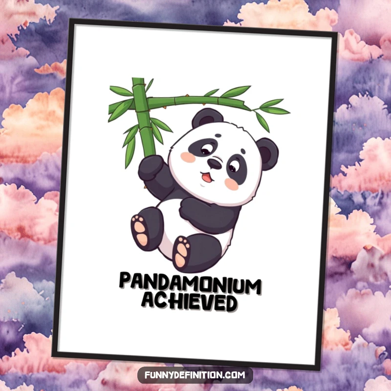 Funny panda attempting to hang upside down from a bamboo branch, displayed as humorous wall art poster.