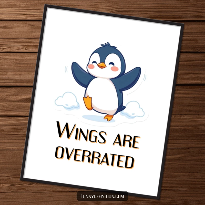 Funny Poster featuring a determined penguin attempting flight with flippers, adding inspirational humor to decor.