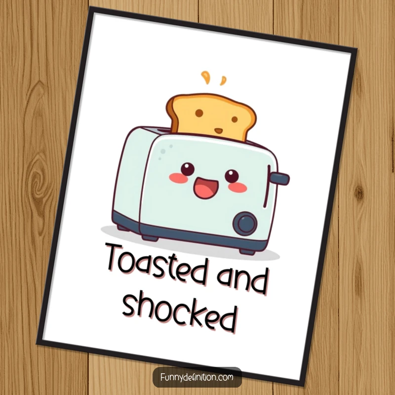 Funny poster of a piece of toast dramatically emerging from a toaster, mouth open in shock, perfect for kitchen humor.