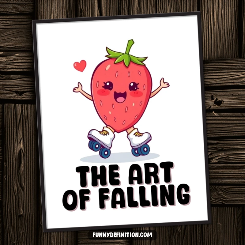 Funny poster art of a plump strawberry in roller skates, captured in a moment of hilarious, exaggerated tripping chaos.