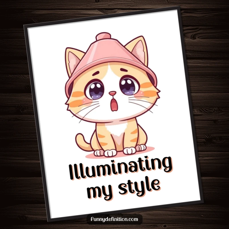 Funny surprised cat wearing a lampshade as a hat on a poster, its wide eyes creating a comical visual.