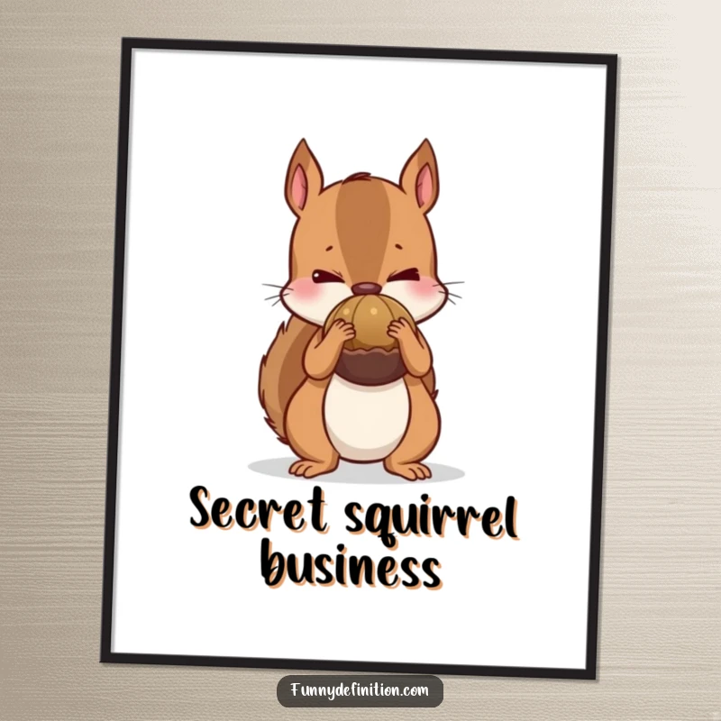 Funny poster of a nervous squirrel trying to conceal a massive nut behind its tiny back, perfect for humorous wall decor.
