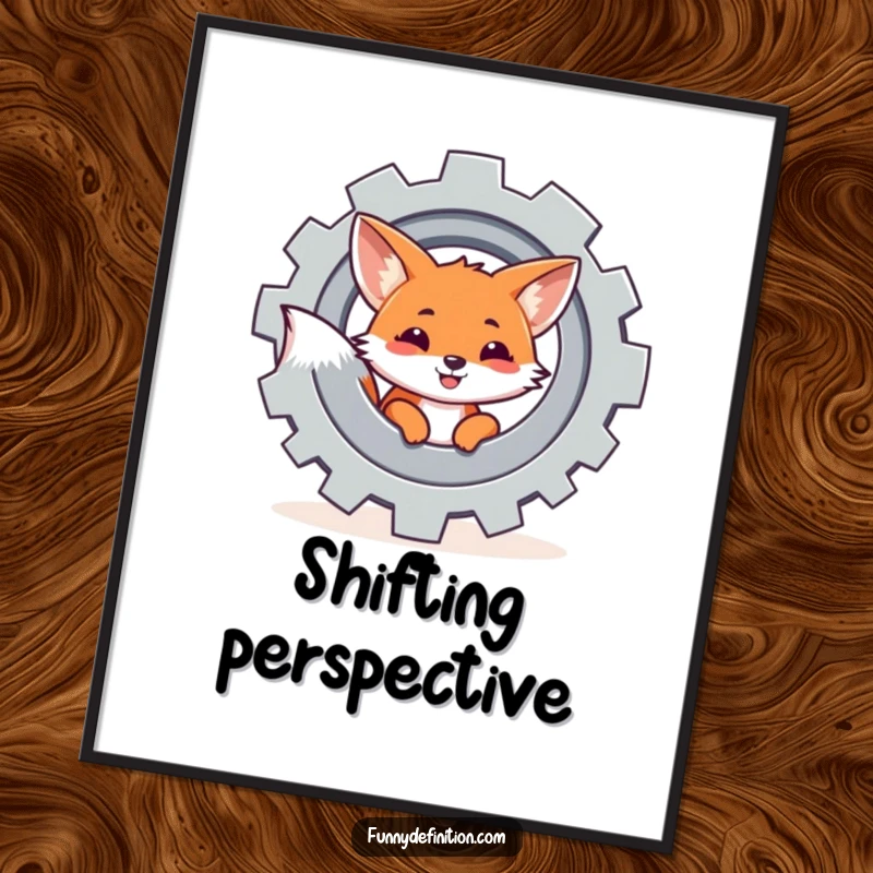 Funny poster print of a fox peeking from behind a colossal, rotating gear, offering a blend of nature and industrial aesthetic.