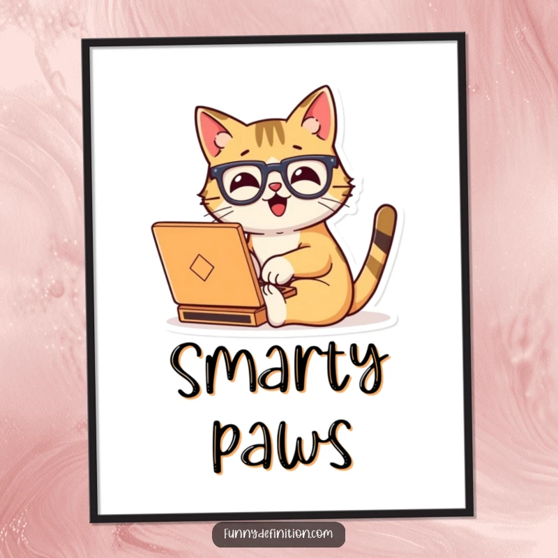 Funny poster print of a happy cat wearing oversized glasses, typing with great enthusiasm on a tiny laptop.
