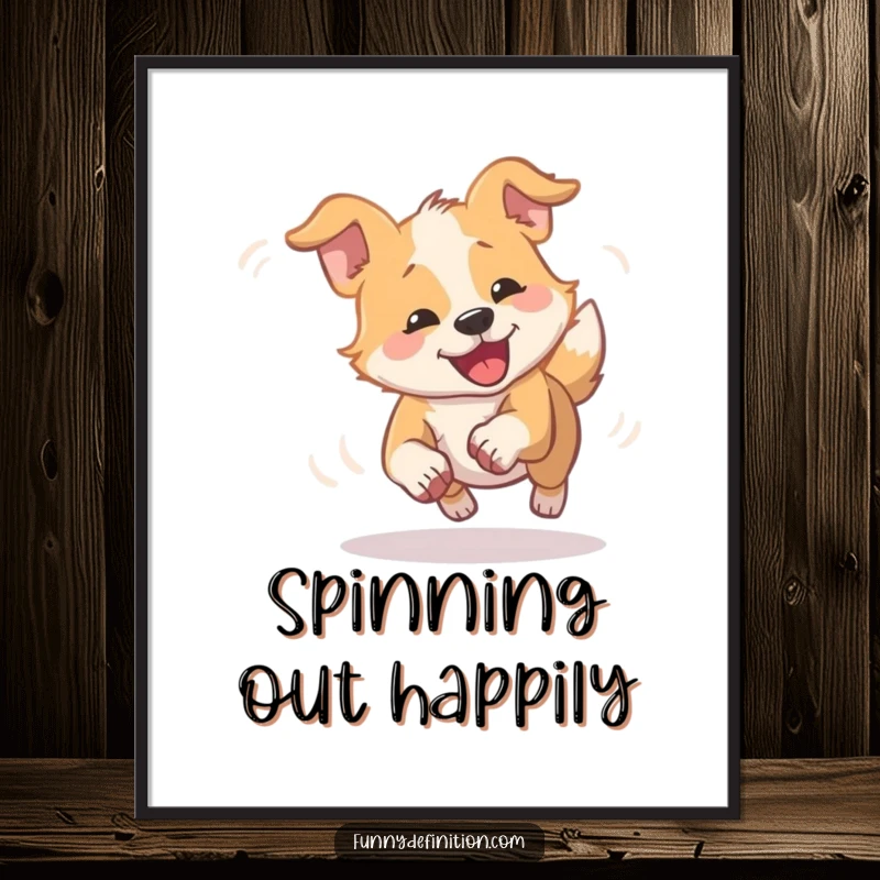 Funny dizzy dog poster print of a dog comically spinning in a blur chasing its tail, symbolizing playful movement.