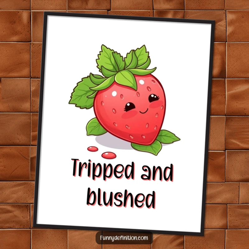 Funny Poster featuring a blushing strawberry hilariously tripping over its leaves, adding cute humor to decor.