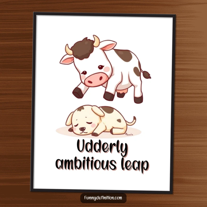 Funny poster illustrating a cow attempting to jump over a tiny, sleeping dog, creating a humorous and eye-catching farm scene.