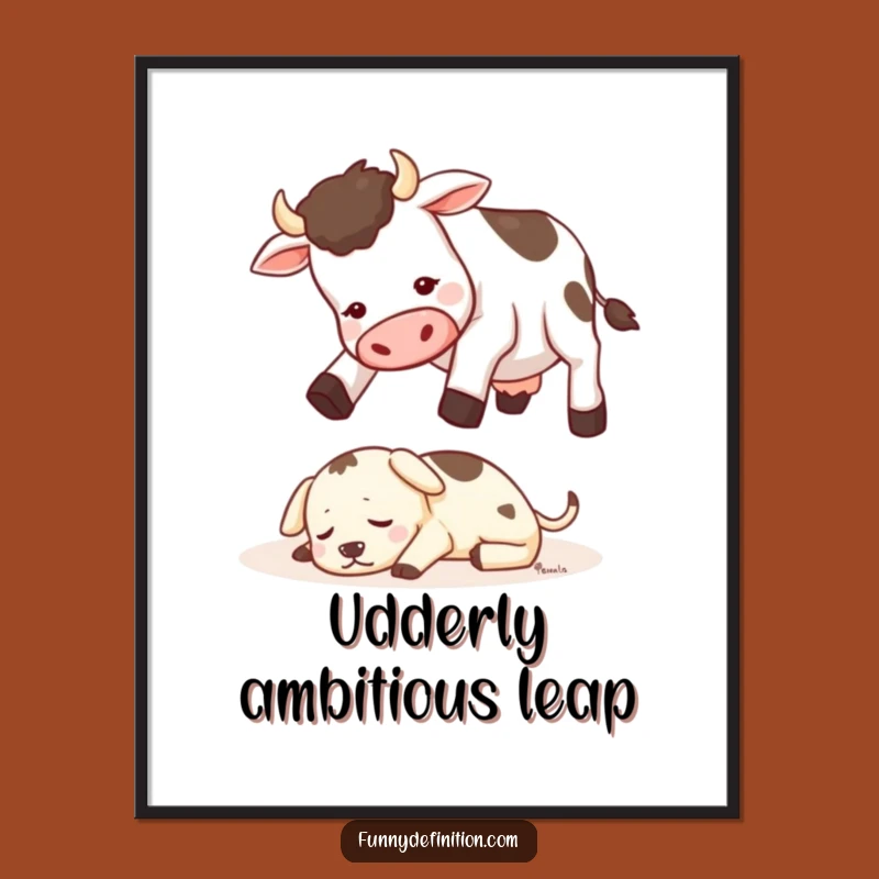 Funny Cow Jumping Dog Poster - Hilarious Farm Animal Wall Art
