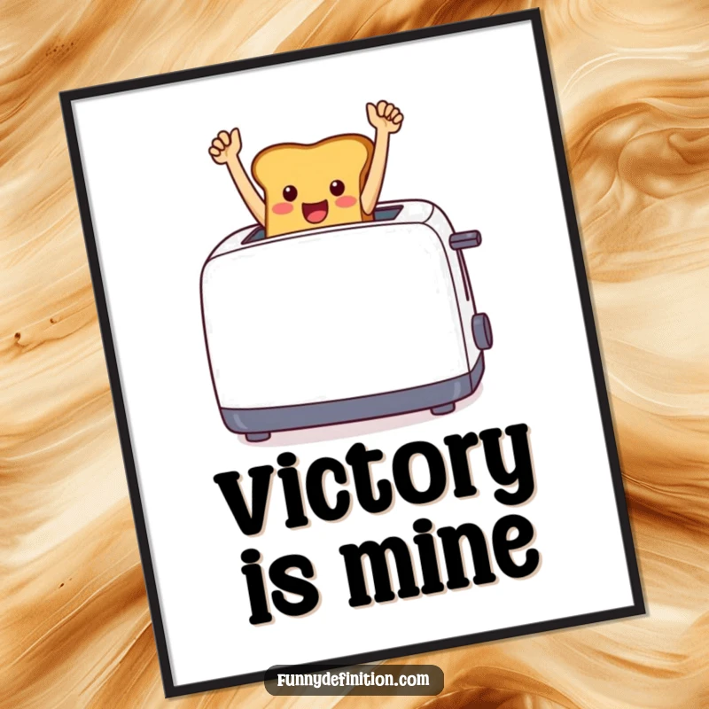 Funny cheerful toast leaping from a toaster with arms raised in a celebratory pose, as wall art.