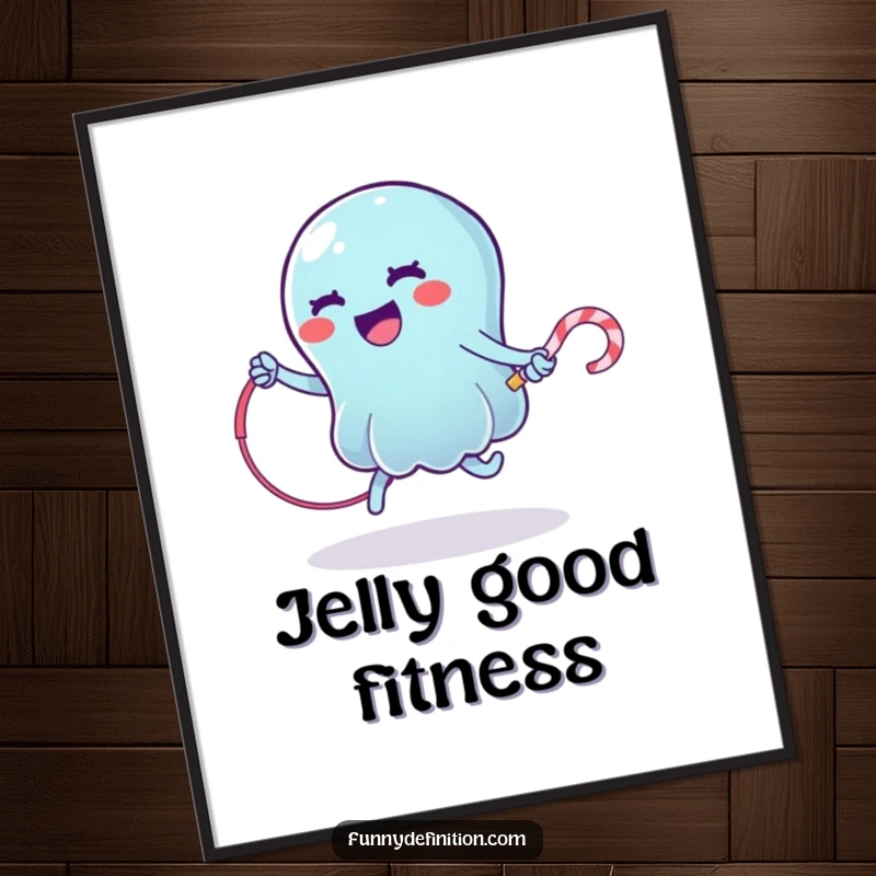 Funny poster featuring a wobbly jelly character jump roping energetically with a licorice whip, sweet and humorous wall decor.