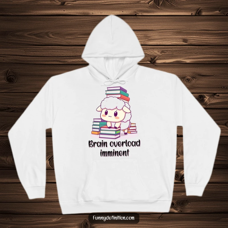 Funny sheep hoodie with a startled sheep caught under a massive, falling pile of books, perfect for cozying up with a good laugh.