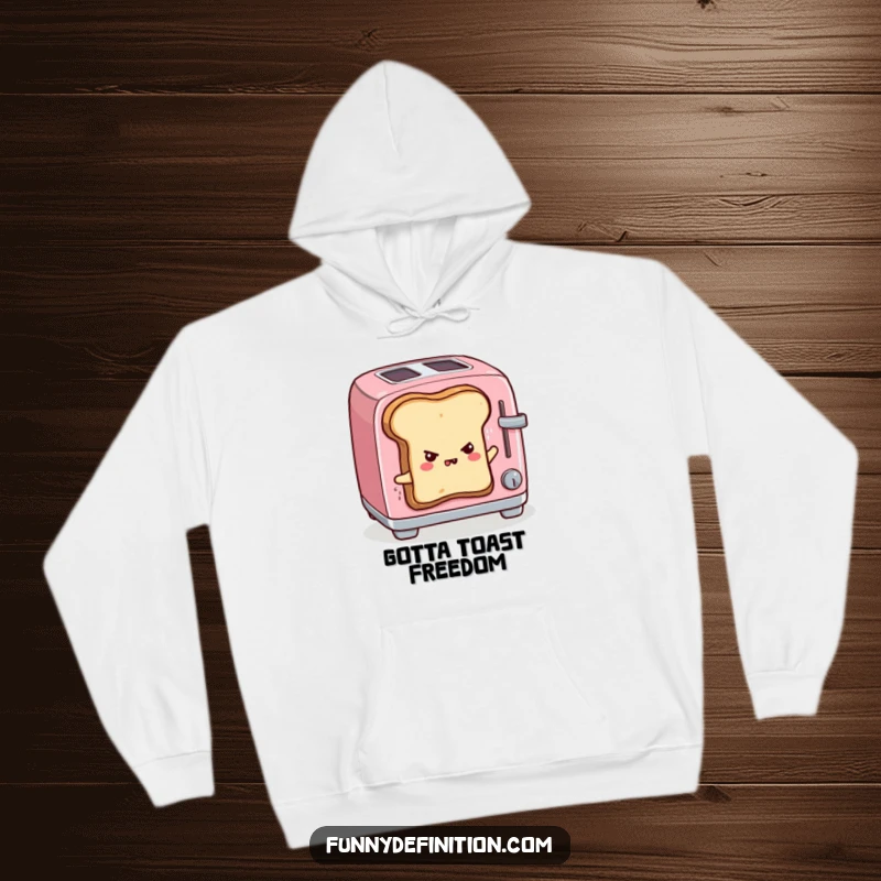 Funny hoodie with sentient toast actively trying to flee a toaster, expressing determination, cozy and humorous apparel.